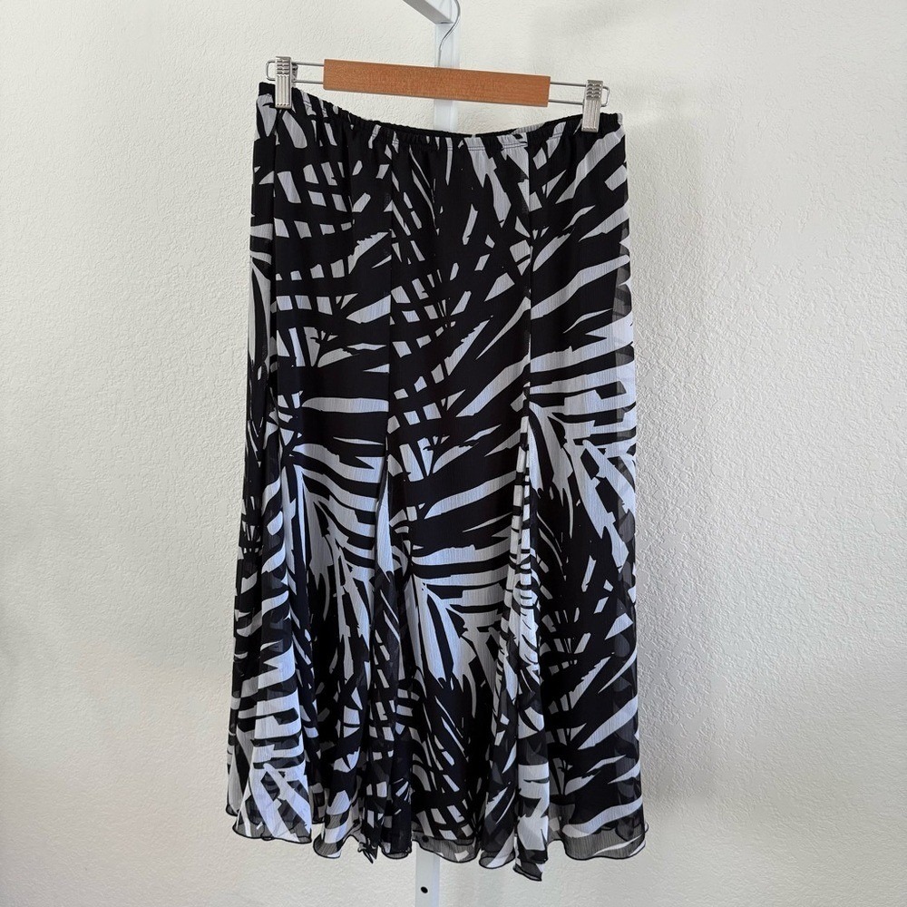 Ruby Rd Midi Skirt Petite 10P Black White Leaf Print Lined Flowy Fairycore Y2K